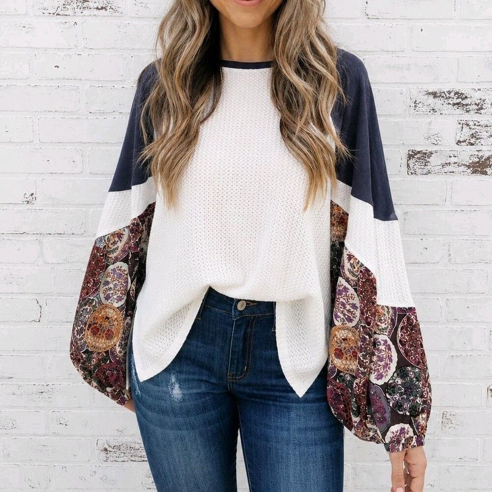 Umgee Oversized Boho Mixed Print Balloon Sleeve Thermal Knit Top